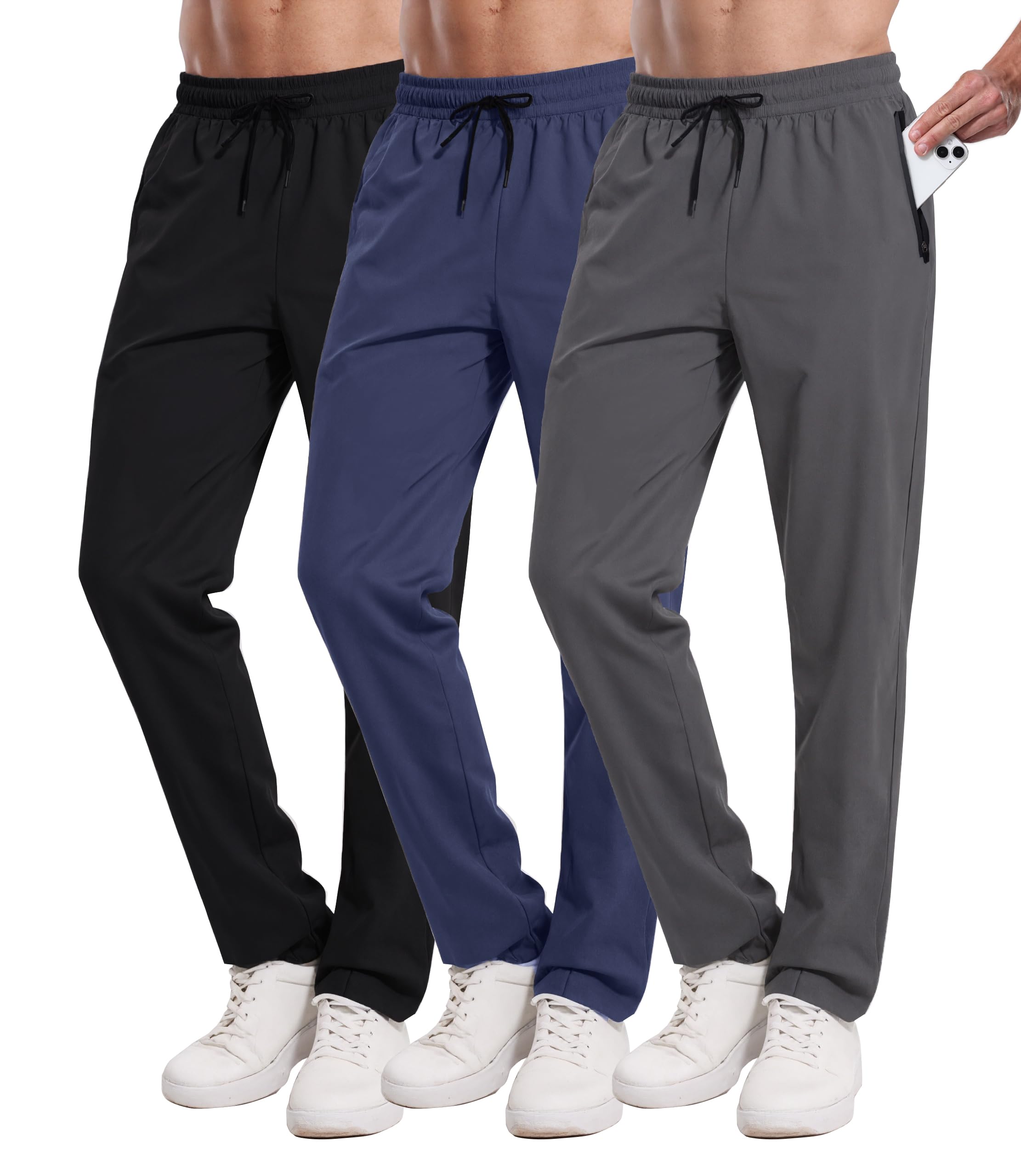 Photo 1 of RPOVIG 3 Pack Men's Athletic Sweatpants with Zipper Pockets Workout Gym Running Hiking Active Cooling Stretch Joggers Pants