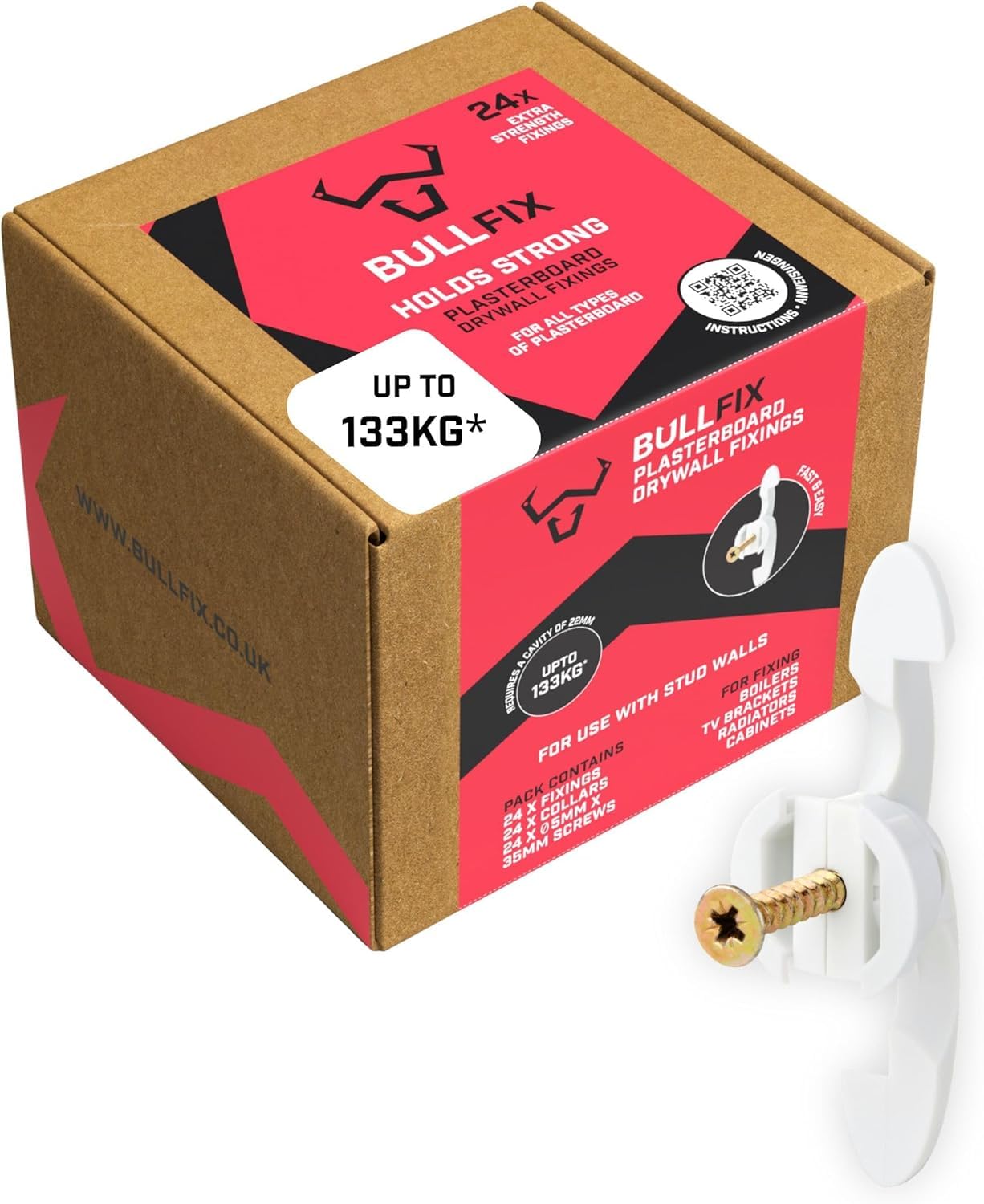 Bullfix Extra Plasterboard Fixings Heavy Duty Pack - 24 Pack, Drywall Anchor for Insulated Plasterboard, Stud & Hollow Cavity Wall Anchor Kit with Screws, Holds up to 133kg