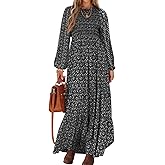 PRETTYGARDEN Women's Spring Dresses 2026 Long Sleeve Flowy Casual Floral Maxi Dress Crew Neck Smocked Tiered Long Dress