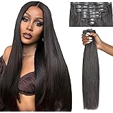 LUVME Clip in Hair Extensions, Yaki Straight Human Hair Clip in Extensions for Women, Natural Black Hair Extensions, 135g 9pcs 18 Inch