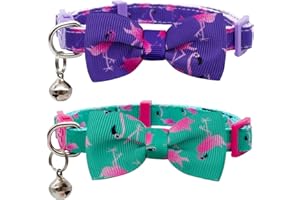 azuza Breakaway Cat Collar with Bell, 2 Pack Safety Buckle Cat Collars with Cute Bowtie, Flamingo Pattern, Adjustable from 8"-12"