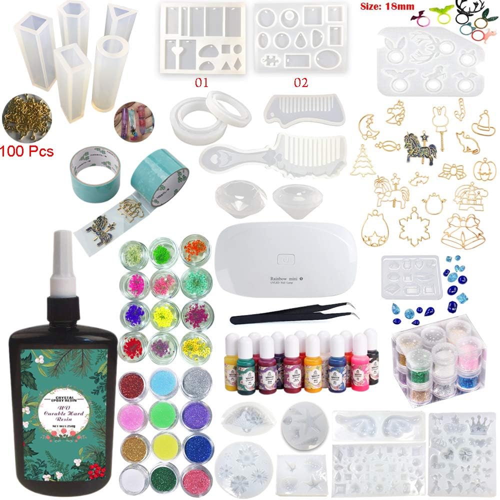 UV Epoxy Resin Crystal Clear Transparent Starter Kit 24 Moulds 17 Bezels & Pigments & Glitters & Embellishments & Tools & Lamp for Pendants Charms Earrings Rings Bracelets Diamonds Jewellery Making