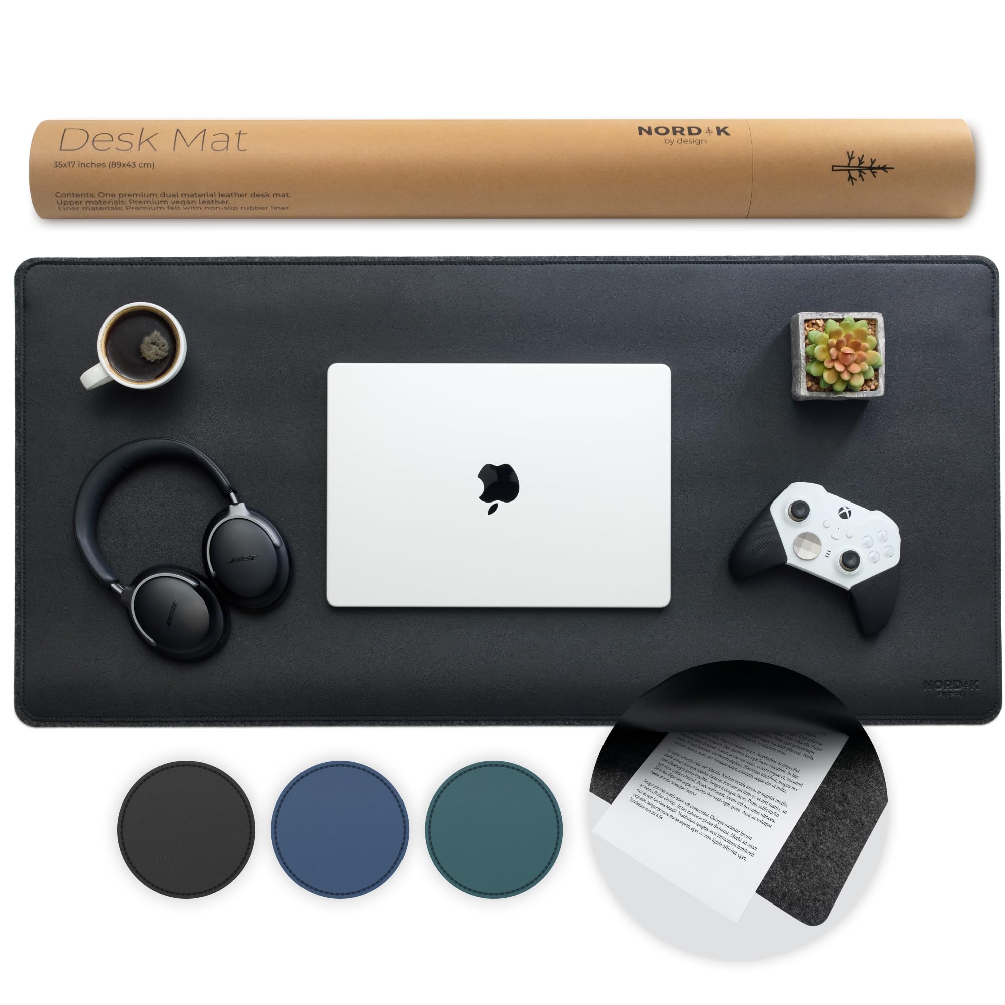 Nordik Felt and Leather Desk Mat Non-Slip - Black - 89 X 43 CM - Felt and Vegan Leather Desk Pad - Document Organizers - Blotter and Desktop Mat - Desk Protector Laptop Matt for Desktop