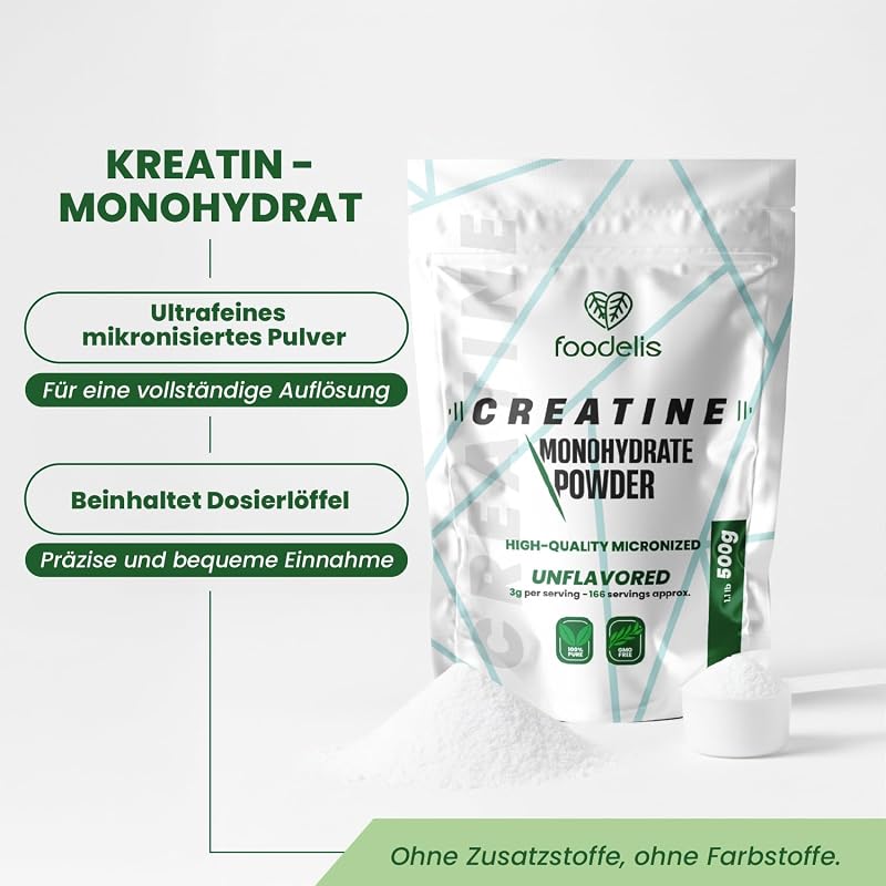 Creatin Pulver 500 g – 100% Kreatin Monohydrat, mikronisiert – Ohne Zusätze – Gut löslich & geschmacklos – Mit Dosierlöffel - Vorrat für 166 Portionen