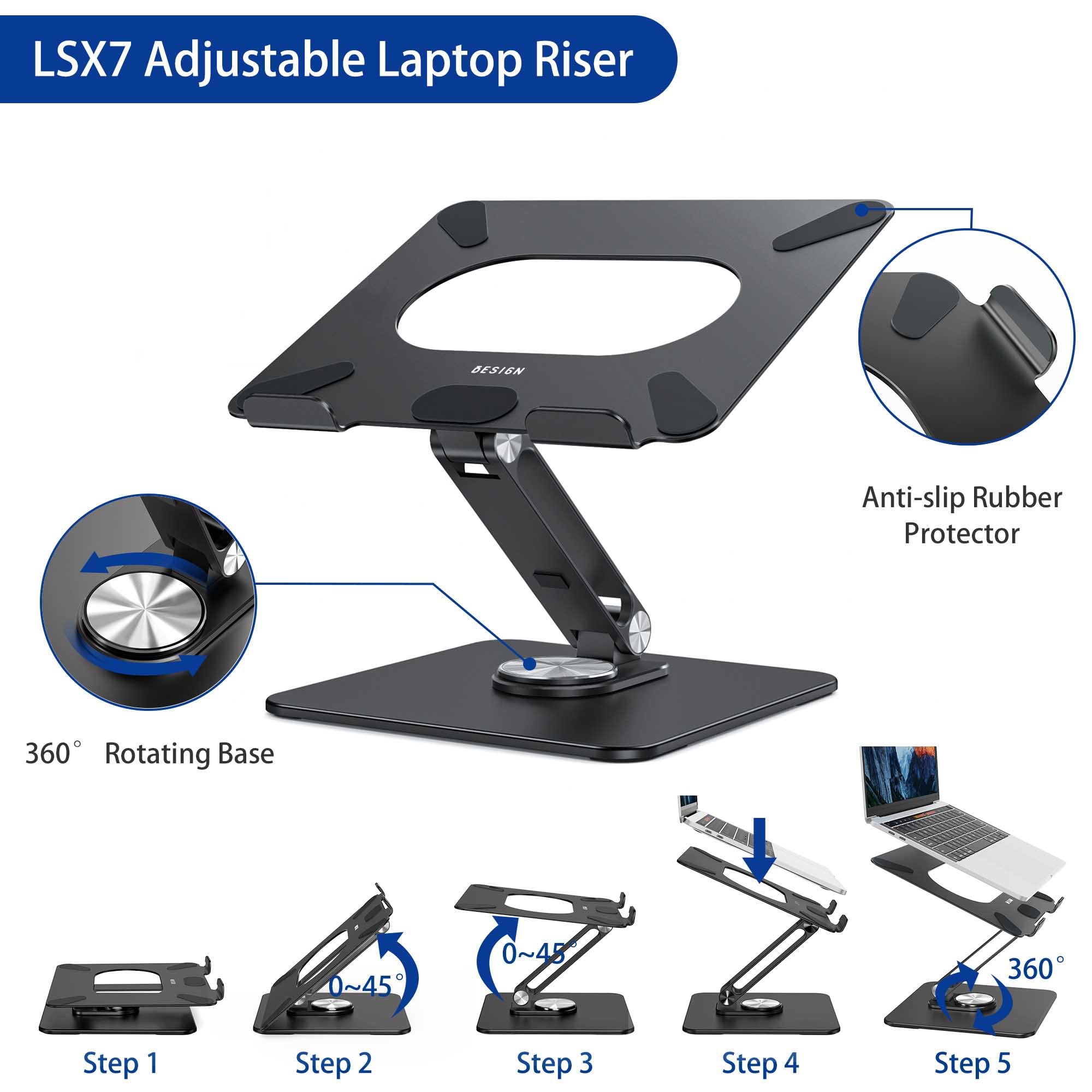 BESIGN LSX7 Laptop Stand with 360° Rotating Base, Ergonomic Adjustable Notebook Stand, Riser Holder Computer Stand Compatible with Air, Pro, Dell, HP, Lenovo More 10-15.6" Laptops (Black) - Image 8