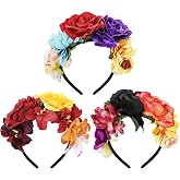 TOPZEA 3 Pack Mexican Flower Crown Headband for Women, Day of The Dead Dia De Los Muertos Headpiece, Colorful Rose Floral Hair Hoop for Cinco De Mayo, Halloween Costume Cosplay Party