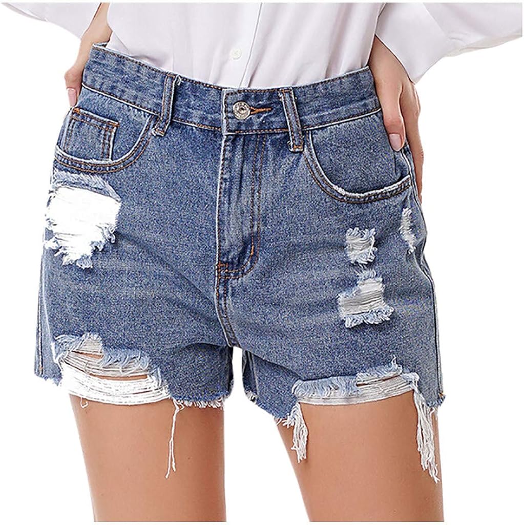 MOHOLL Denim Hot Shorts for Women Casual Summer Ripped Mid Waisted RippedShort Pants with Pockets