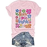 RECUTEWU Womens Teacher Shirts: Teaching T-Shirt Teach Love Inspired Printed Tee Tops Teachers Gift Short Sleeve