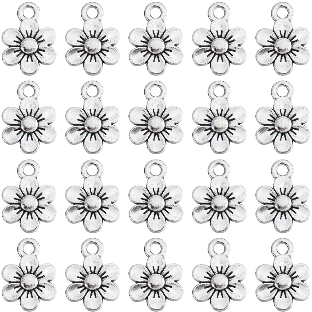 SUNNYCLUE 1 Box 100Pcs Silver Flower Charms Sakura Charm Antique Alloy Metal Cute Plant Little Blossom Charms for jewellery Making Charms Supplies Accessories Necklace Bracelets DIY Making Crafting