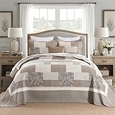 Bedduvit 100% Cotton 120"x102" Oversized Queen Bedspread - Farmhouse Patchwork Plaid Oversized Bedspreads, Vintage Floral Cotton Quilts with 2 Pillow Shams, All Season Bedding Decor, Brown/Beige/Gray
