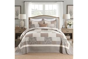 Bedduvit 100% Cotton 120"x128" Oversized California King Bedspread - Farmhouse Patchwork Plaid Oversized Bedspreads, 3pcs Vintage Floral Quilts, All Season XL Cal King Bedding Decor, Brown/Beige/Gray