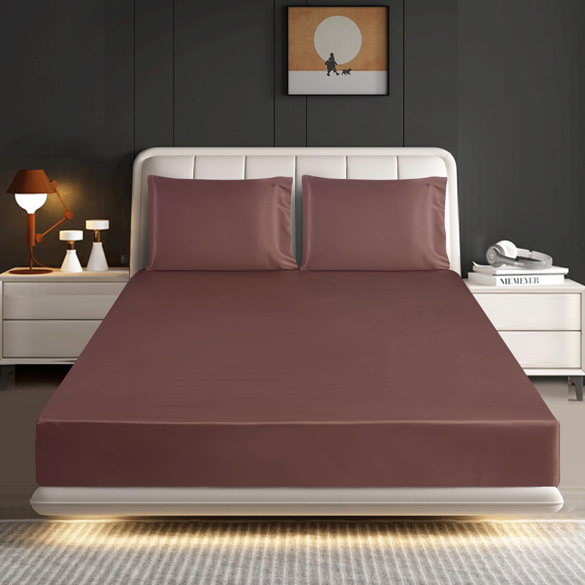 ROOEE Satin Silk Fitted Sheet with Pillowcase Set Breathable Soft Bedding Brushed Fabric Wrinkle, Shrinkage and Fade Resistant Bottom Bed Sheets (BLUSH PINK, Double)