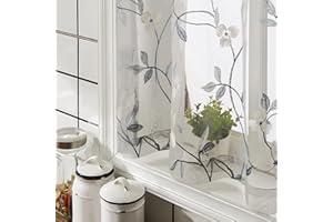 MRTREES Sheer Tier Curtains Rod Pocket, Short Voile Bathroom Curtain Kitchen Tiers, Floral Embroidered Small Cafe Half Window Curtains for Basement(2 Panels, 30x36 Inches, Grey)