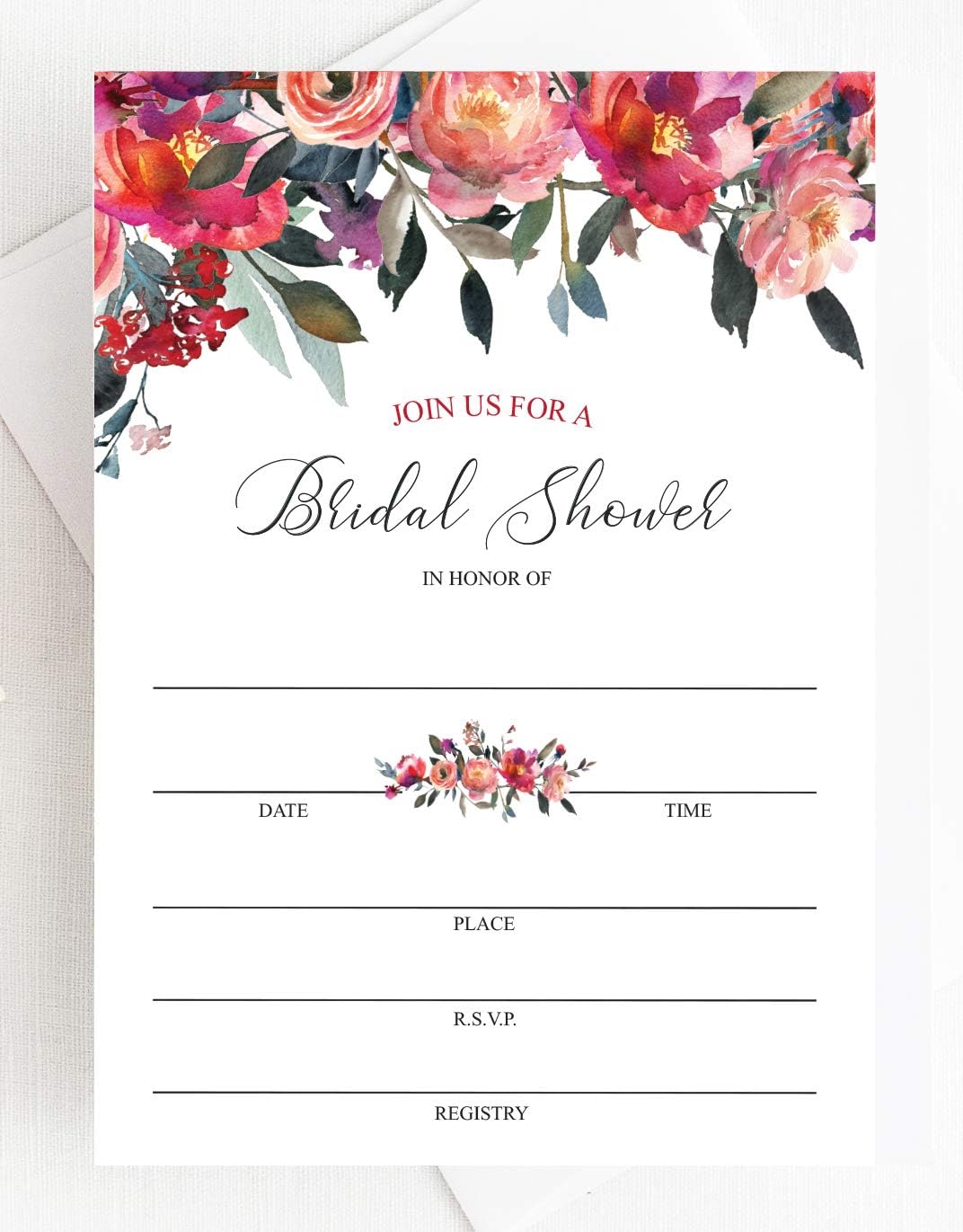 Set of 25 Floral Bridal Shower Invitations with Envelopes — Fill-in Style Invites with Envelopes