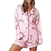 MBZJSDKHLK Women Christmas Pajamas Shorts Set Santa Claus Pjs Long Sleeve Button Down Shirt Elastic Shorts Set Loungewear