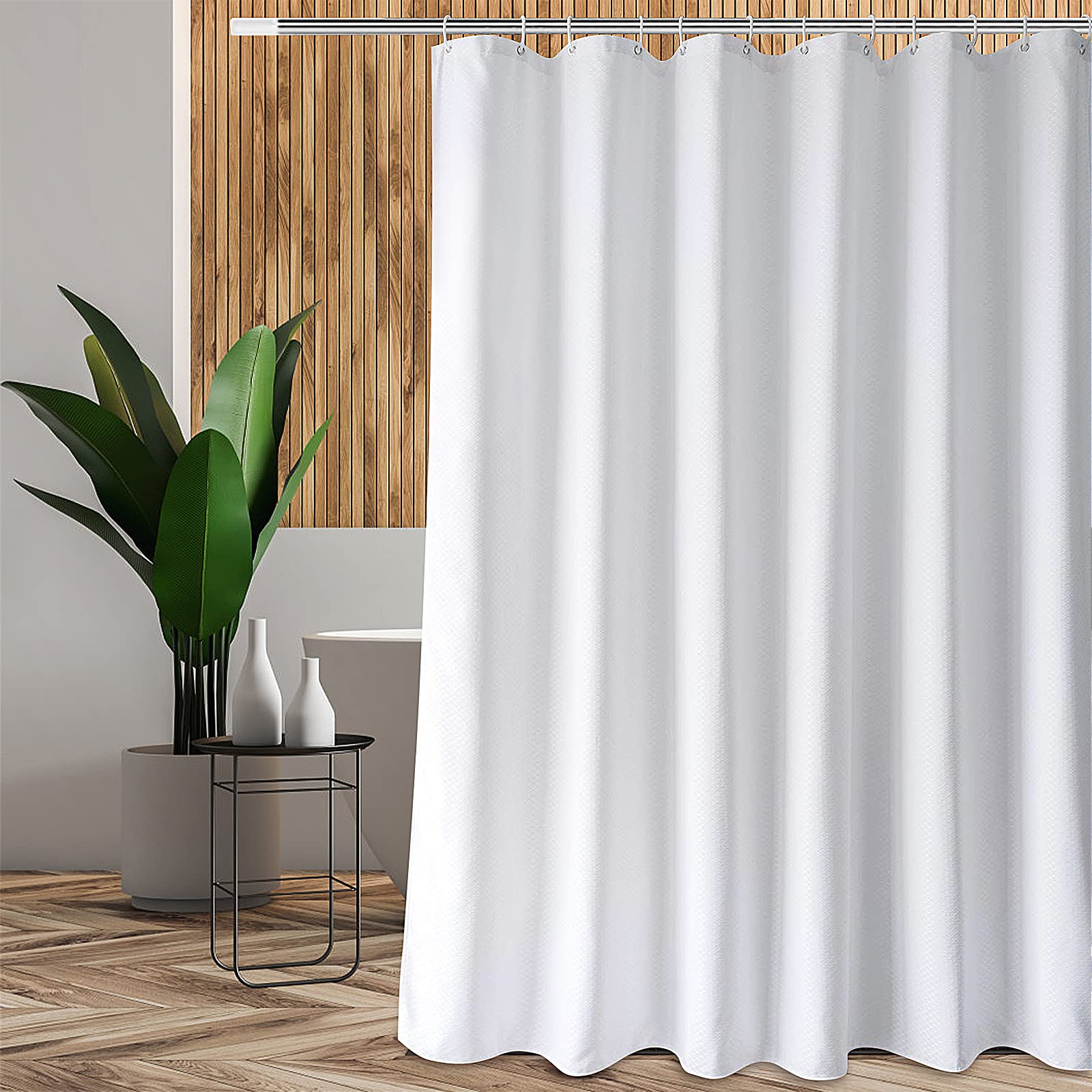 N / A Waffle Shower Curtain Waterproof Mould Mildew Resistant Shower Liner Extra Thick Heavy Duty Weighted Fabric and Machine Washable Bathroom Curtains with 12 PCS Hooks(White)