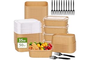50-Pack 35oz Disposable Kraft Paper Bowls【with Lids and Forks】, Large Meal Prep Containers To Go Food Prep Containers, Leakpr