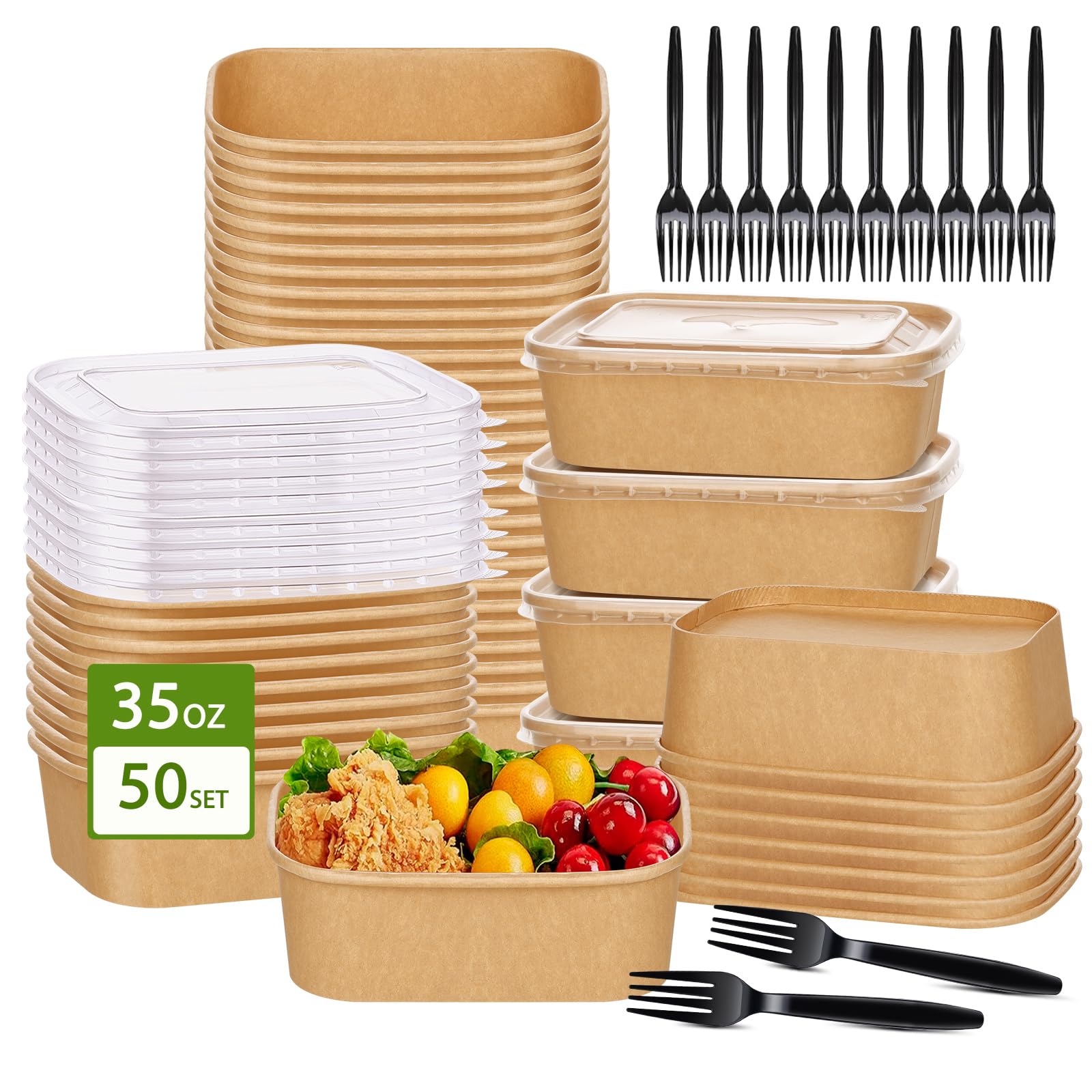 Photo 1 of 50-Pack 35oz Disposable Kraft Paper Bowls?with Lids and Forks?, Large Meal Prep Containers Paper Salad Bowls, Leakproof Food Containers Treat Soup Serving Bowl, Microwave Safe for Hot/Cold Food