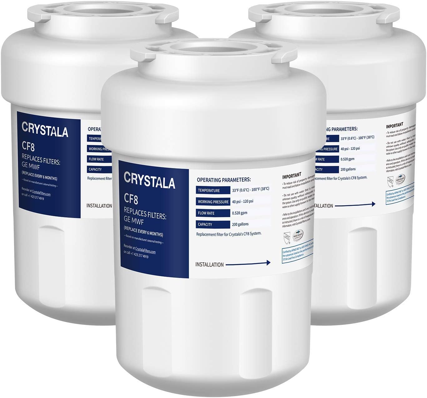 Crystala MWF Water Filters for GE Refrigerators, NSF/ANSI 53&42 Certified GE Water Filter Replacement MWF, MWFP, MWFA, GWF, GWFA, SmartWater, FMG-1, Kenmore 46-9991 (3 Pack)