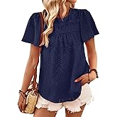 Falechay Womens Summer Tops Boho Short Sleeve Crew Neck Blouses for Women Dressy Casual Babydoll Cute Flowy Preppy Shirts