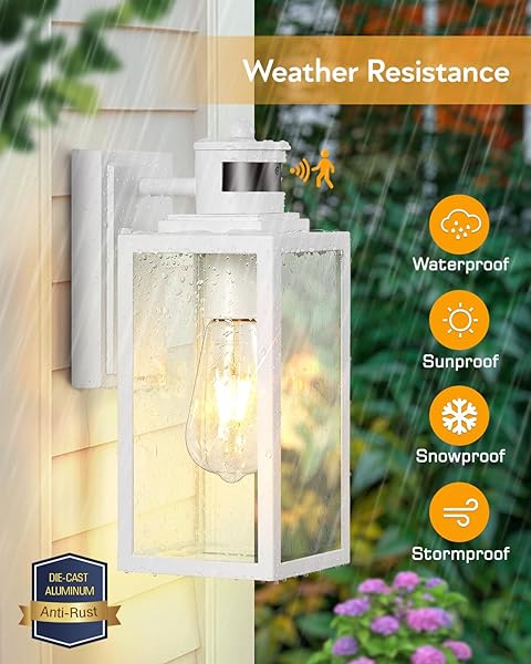 VIANIS 2 PACK MOTION SENSOR PORCH LIGHT, OUTDOOR GARAGE LIGHTING FIXTURES WALL MOUNT, WHITE OUTSIDE LED LIGHTS FOR HOUSE, DUSK TO DAWN EXTERIOR SCONCES WALL LIGHTING LANTERN LAMPS FOR FRONT DOOR COACH