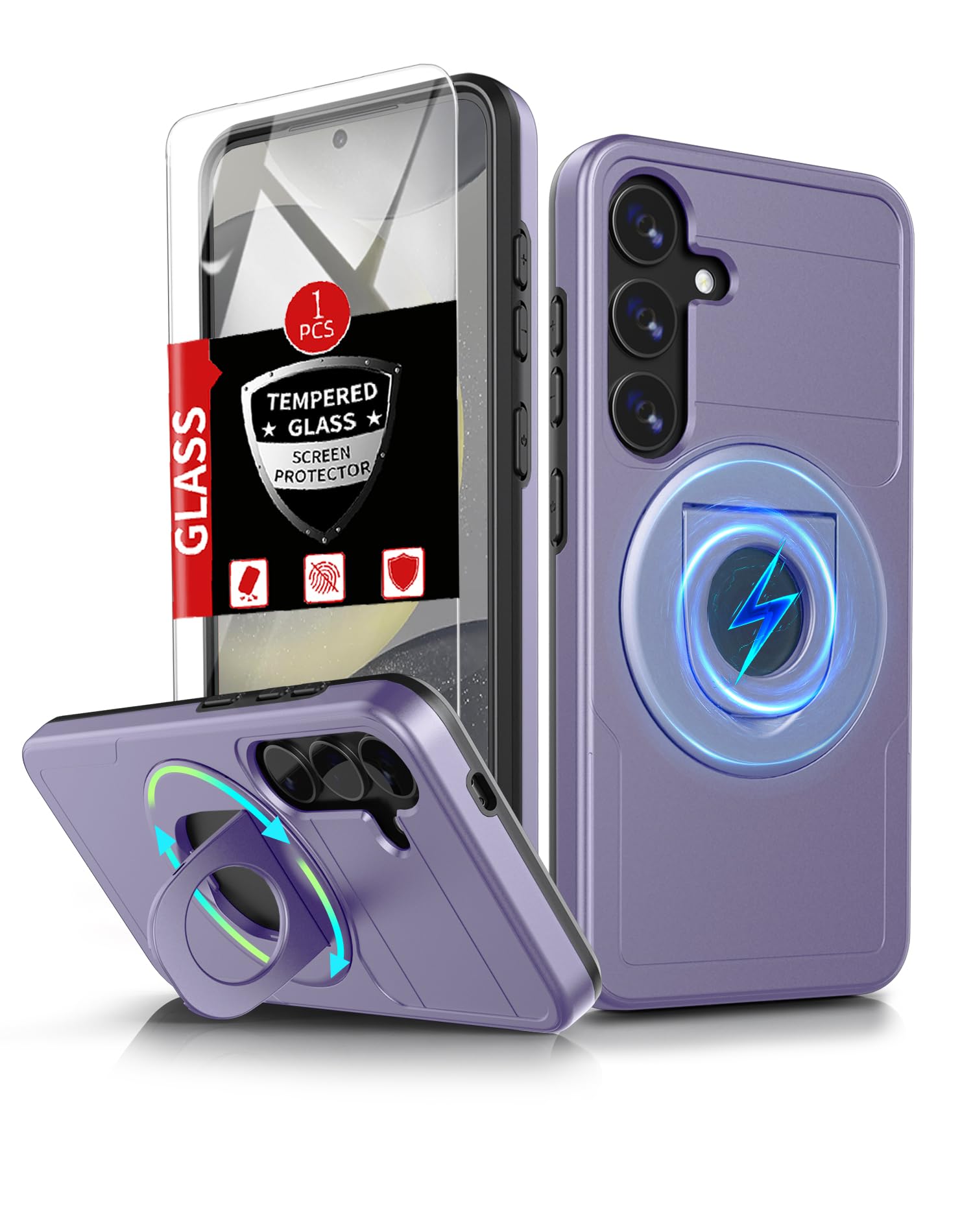 FRLMOOES for Samsung Galaxy S24 Case Magnetic Compatible with MagSafe Wireless Charging,with Screen Protector,for S24Phone Case with Kickstand Ring Anti-Scratch Shockproof Heavy Duty Protection Purple
