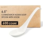 Disposable PLA Cornstarch Asian Soup Spoons with Hook Plastic-Free,600 Pack | Anti-Slip Hook Design,Eco-friendly,Heavy Duty,Crystalized,Take-out,Ramen,Pho,Noodles,Hot Soup,Hakoware,Chinese,Wonton,Cutlery