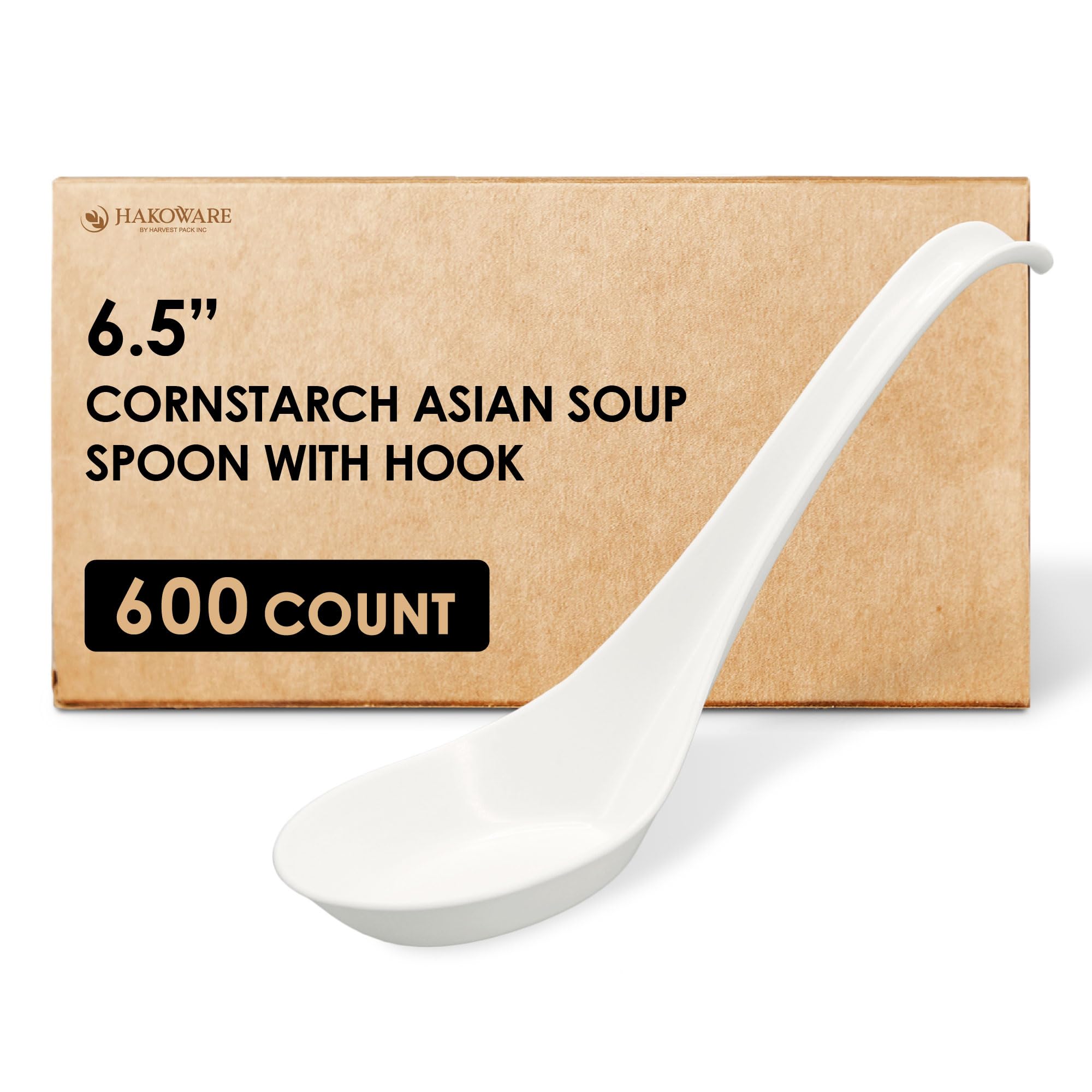 Photo 1 of [600 COUNT] HAKOWARE Disposable Asian Soup Spoons with Hook, Plastic-Free Heavy Duty Spoons, made from Crystalized Cornstarch, for Take-out Ramen Pho Noodles