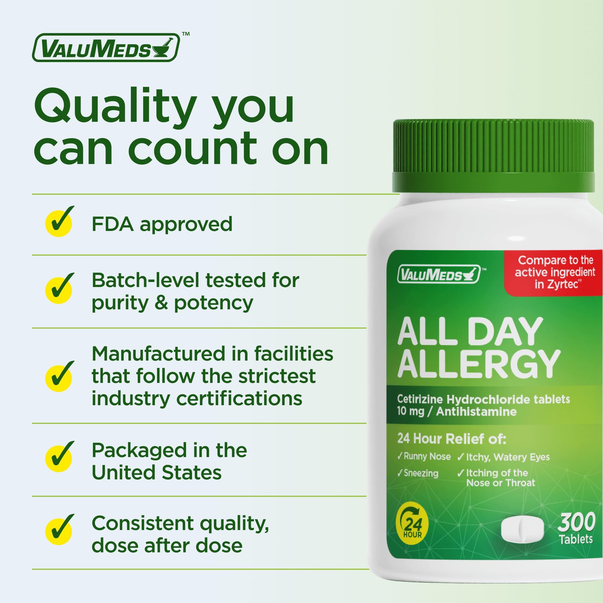 ValuMeds 24-Hour Allergy Medicine Antihistamine for Pollen, Hay Fever, Dry, Itchy Eyes, Allergies | Cetirizine HCl 10mg Caplets, Compare to Leading Brand (300 Count)
