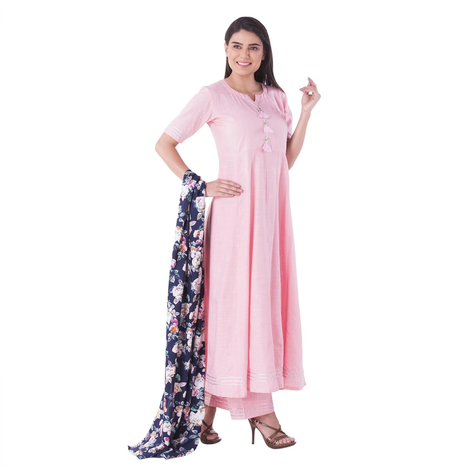 khushal k women's cotton straight kurta with palazzo pant and floral print dupatta set