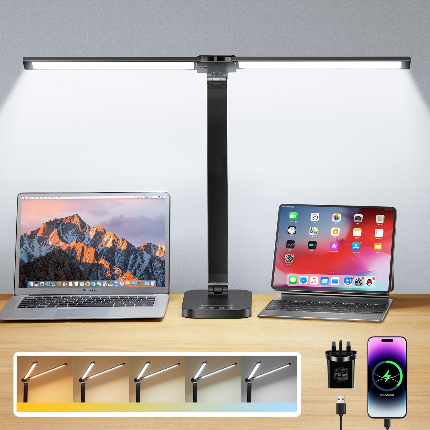One Fire Dual Swing Arm Desk Lamp, 10 Brightness/5 Colors/Memory Reading Lamp, 1200LM+196 LED Desk Lamp with Adapter & USB Charging Port, 1.8M Range Desk Light, Desk Lamps Office