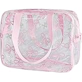 TotePrint Flower Makeup Bag - Clear Printable Vinyl Cosmetic Pouch, Waterproof Small Clear Gift Bags for Travel & Organizer (Pink Bow)