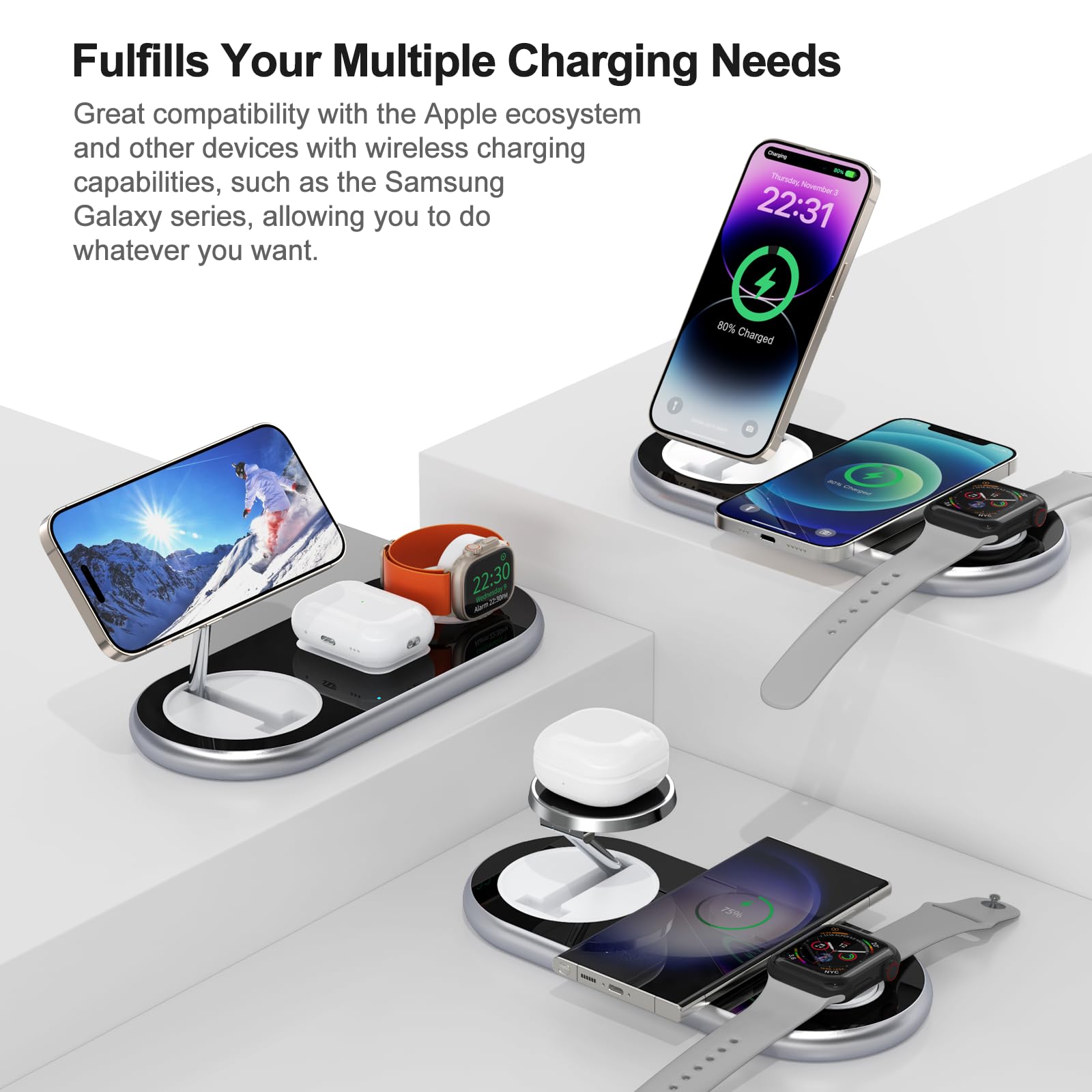 3 in 1 Charging Station for Apple Devices, Faster Mag-Safe Charger Stand, Magnetic Wireless Charger Station for iPhone 17 16 15 14 13 12 Pro Max Plus, Apple Watch iwacth & AirPods, Adjustable Angle