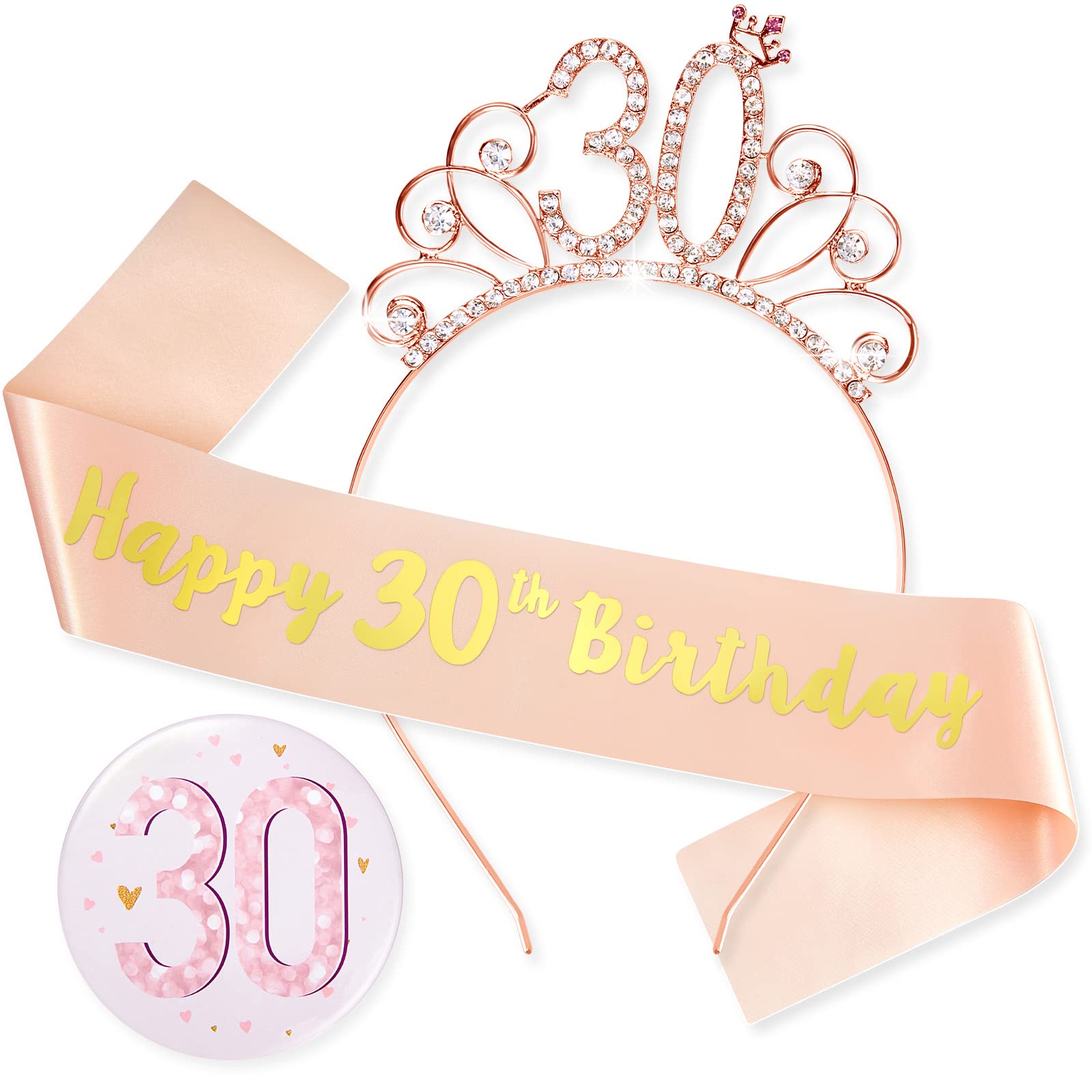 Juexica 3-Piece Rose Gold Birthday Decorations Set - Happy 30th Birthday Badge, Sash & Crown for Women