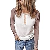 KINLONSAIR Women Raglan Long Sleeve Crew Neck Tunic Regular Fit T-Shirts Color Block Fall Button Down Henley Shirts Khaki