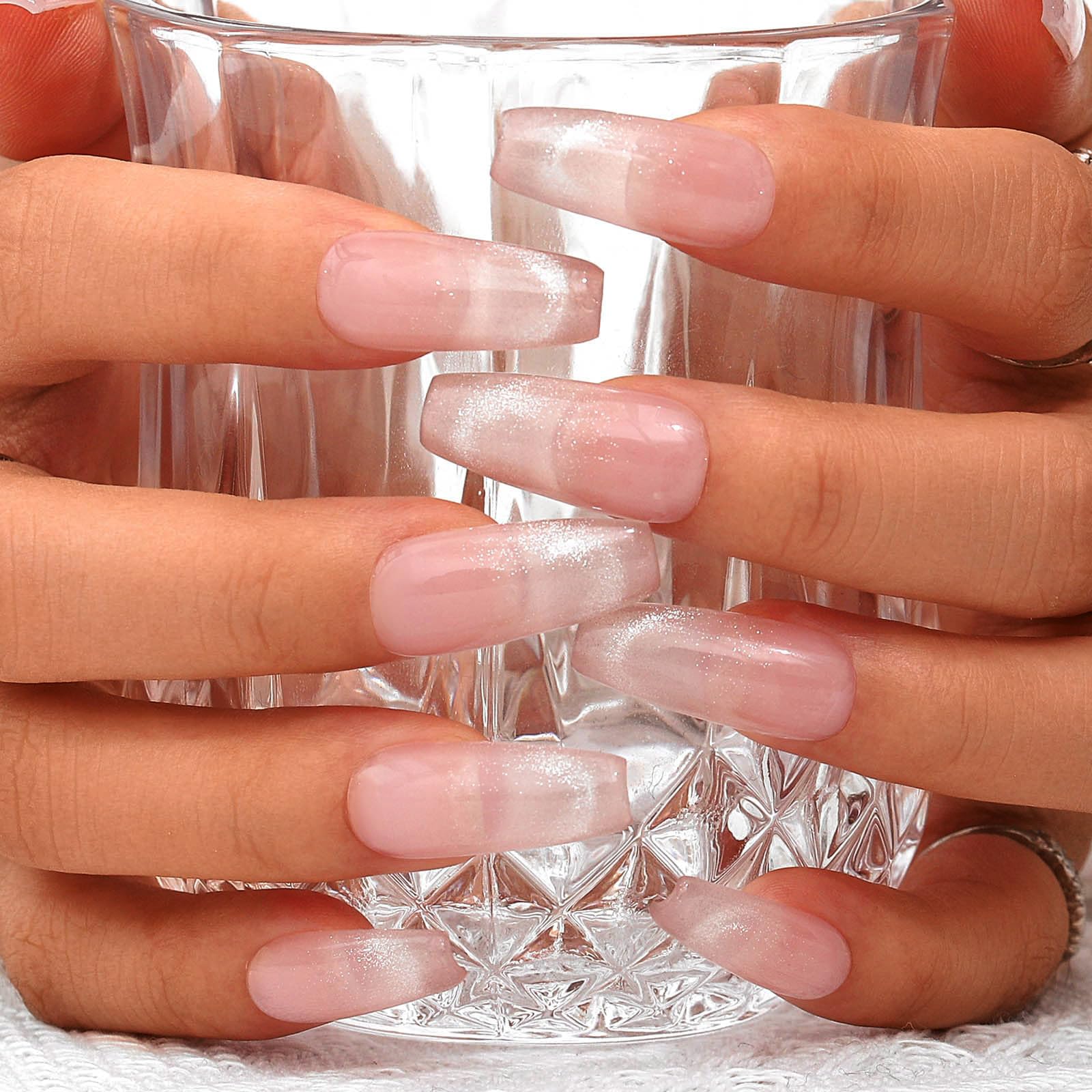 Sethexy French Long Coffin Pink False Nails Handmade Simple Glossy Fake Nails Glitter Acrylic Press On Nails Sparkle Salon Quality Nail Art Removable for Women and Girls (Z)