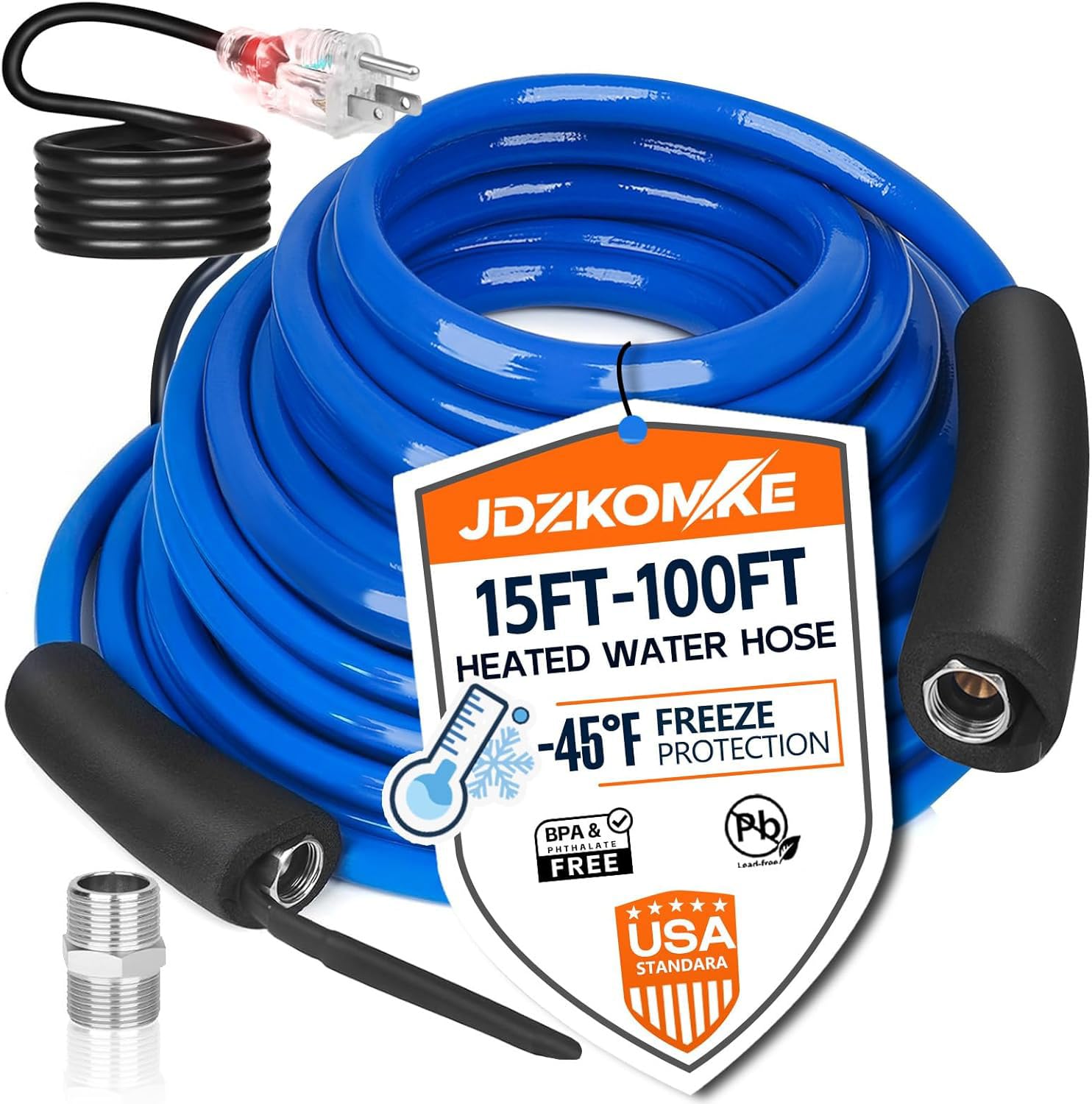 Photo 1 of JDZKOMKE 100FT Heated RV Water Hose - Freeze Protection Down to -45°F, Heavy-Duty PVC & Brass Fittings, 1/2" ID Lead-Free Hose for Camping/Poultry Farms (100FT)