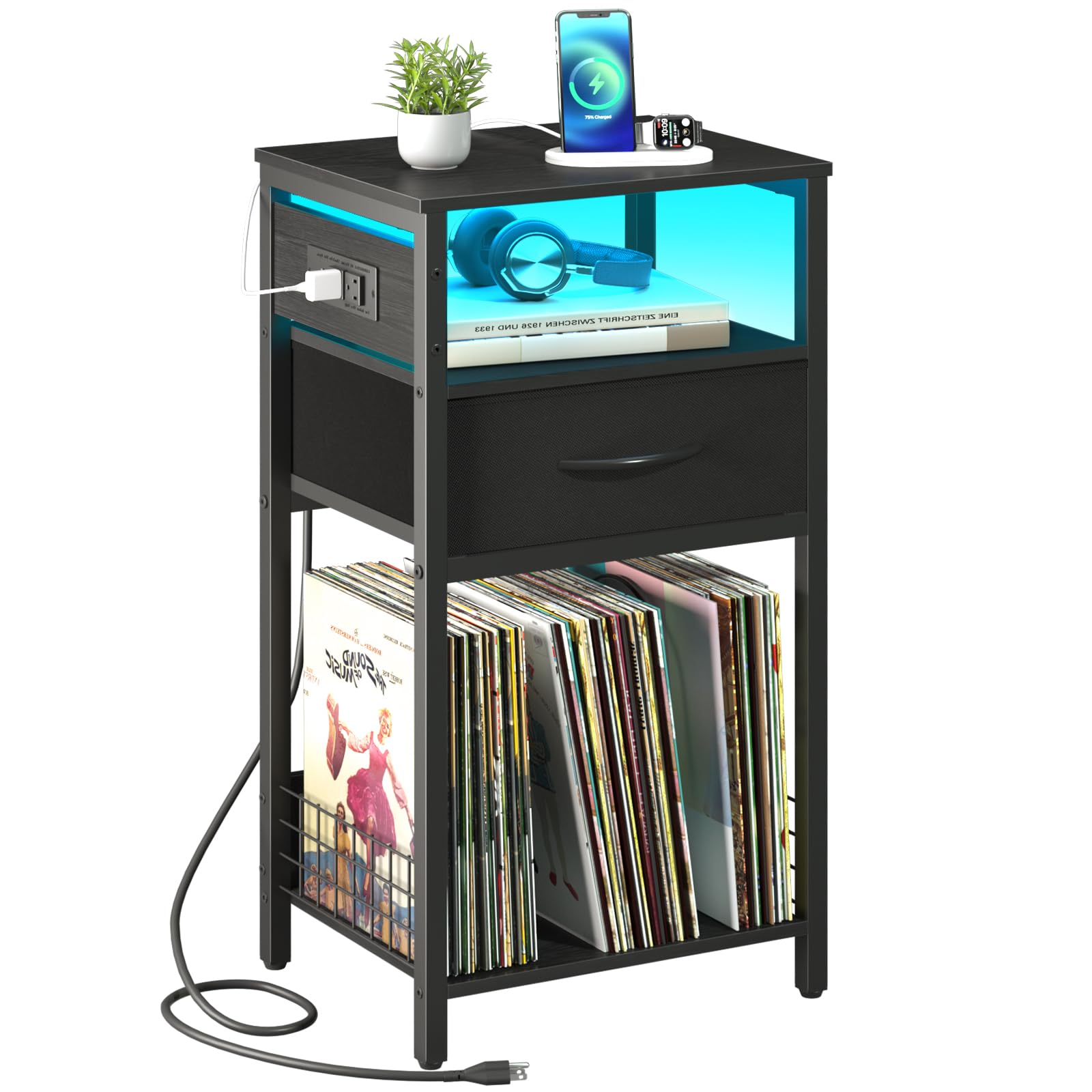 Photo 1 of ***HAS DAMAGED TABLETOP*** Yoobure Side Table - Night Stand with Charger Station & LED Light, 3 Tier Small End Table Living Room, Bedside Table with Drawer, Record Player Stand with Vinyl Storage, Black Nightstand for Bedroom