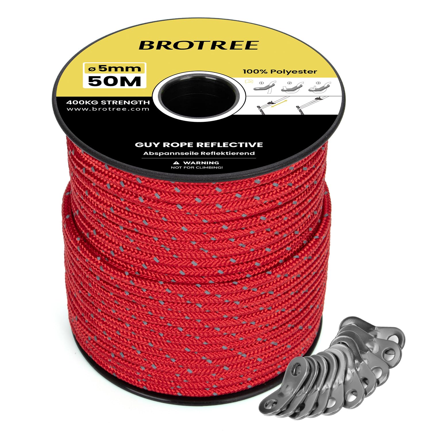 BROTREE Tent Guy Rope 5mm 50m Reflective Guy Line Heavy Duty Guide Rope with 10Pcs Aluminum Tensioners for Tent Gazebo Awning Camping (Red)