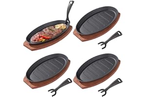 Toyosport 4 Sets Cast Iron Skillet with Wooden Tray, Fajita Skillet with Removable Handle, Oval Sizzling Plate for BBQ, Oven,