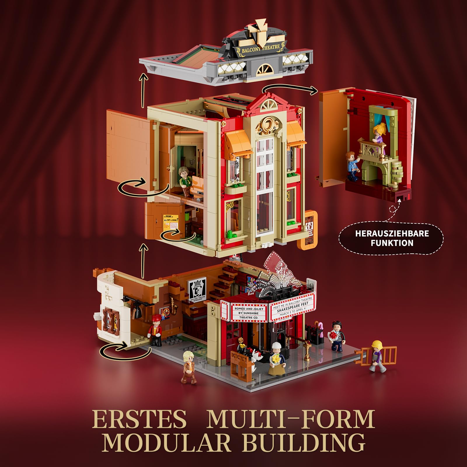 FUNWHOLE Balkon-Theater Beleuchtung Klemmbausteine Haus – mit Szene aus einem Klassischen Shakespeare-Stück, 2445 Pcs, Sammler-Set&Kreatives Stadt-Haus-Modell für Erwachsene & Jugendliche,F9056 4