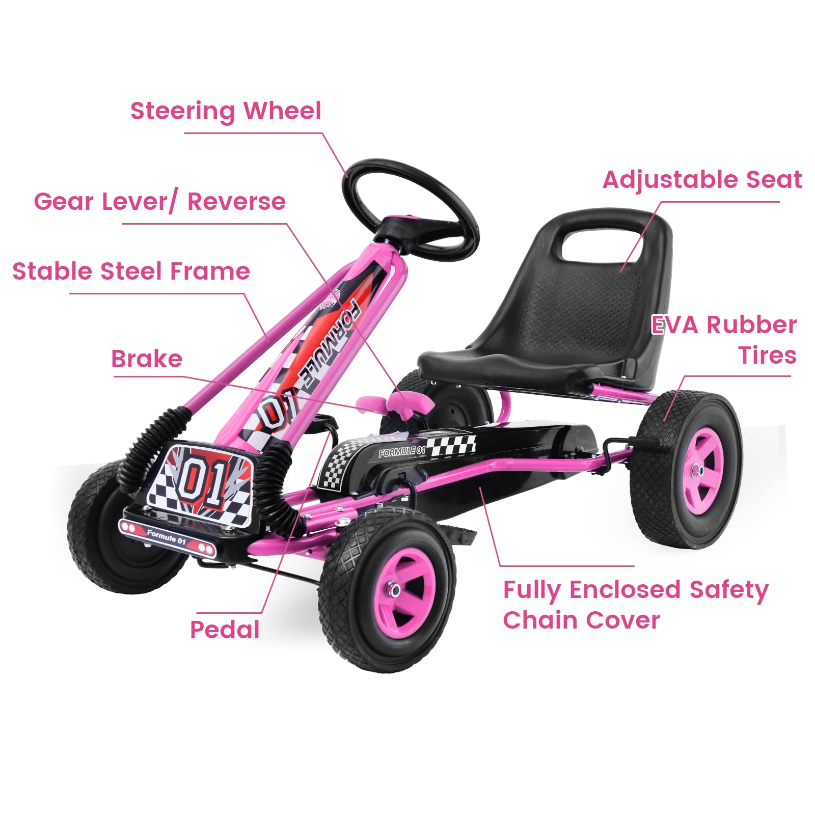 Costzon Go Kart for Kids, 4 Wheel Off-Road Pedal Go Cart w/Adjustable Seat, Steering Wheel, 2 Safety Brakes, EVA Rubber Tires, Ride-On Toys for Boys & Girls, Outdoor Racer Ride On Pedal Car (Pink)
