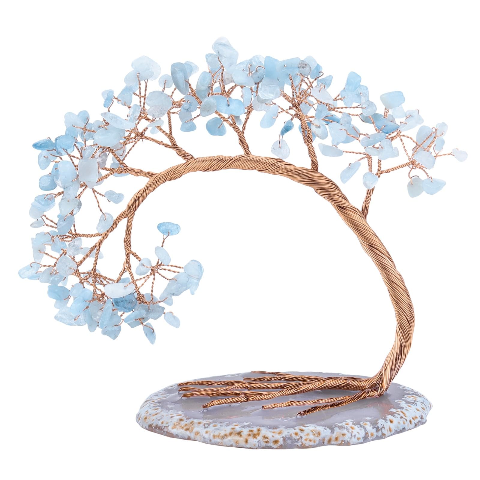 KYEYGWO Aquamarine Crystal Money Tree FengShui Bonsai Figurines with Agate Slices Base, Crystal Tree Home Office Ornament for Good Luck and Wealth, 4.5-5.2 inches Tall