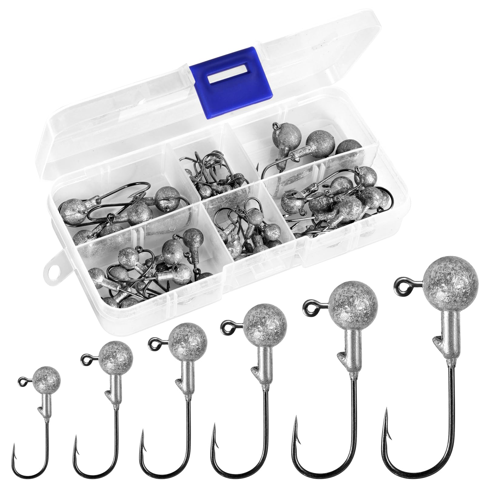 Annyswit 50 Pcs/6 Sizes Jig Heads Fishing Hooks Set, Sharp Jig Heads for Soft Lures, Ideal for Freshwater & Saltwater Fishing, Bass, Trout, Pike Fishing Jigs, with Storage Box(1g, 2g, 3g, 5g, 7g, 10g)