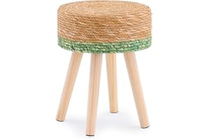 LGENHOOM Handwoven Outdoor Ottoman, Water Hyacinth Pouf Round Patio Footstool with Wood Legs, 17-Inch Multipurpose Vanity Stool, Dining Chair, Patio Footrest for Balcony and Garden, Green