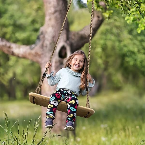 WOODEN SWING HANGING TREE SWINGS, WOOD SWINGS SEAT 19.7 * 9.8IN TO KIDS CHILDREN WITH ADJUSTABLE ROPE PLUS TREE STRAPS FOR BACKYARD, PLAYGROUND, PORCH, PATIO, GARDEN, PARK OR HOME