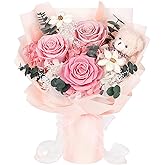 Preserved Flowers Bouquet with Bear, 3 Real Forever Flowers for Delivery, Long-Lasting Pink Eteranl Roses Bouquet, Anniversary Birthday Valentine Gifts for Women Mom Grandma Her Wife Girlfriend