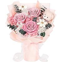 Preserved Flowers Bouquet with Bear, 3 Real Forever Flowers for Delivery, Long-Lasting Pink Eteranl Roses Bouquet Birthday Gi