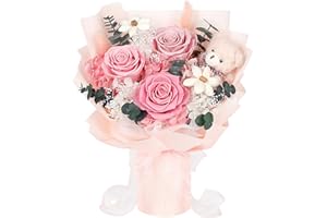 SOLUNOX Preserved Flowers Bouquet with Bear, 3 Real Forever Flowers for Delivery, Long-Lasting Pink Eteranl Roses Bouquet Birthday Gifts for Women, Mother, Wife, Her