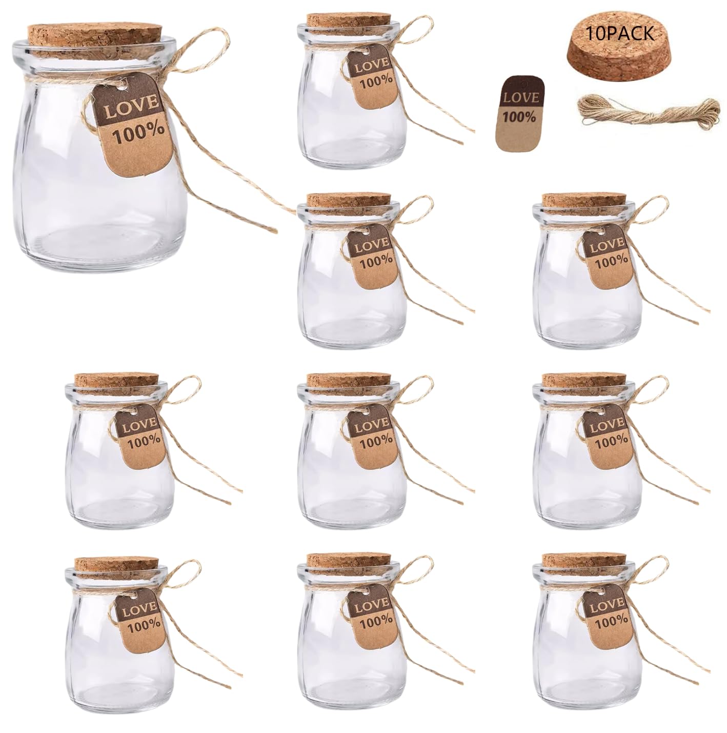 MEETOZ Mini Yogurt Jars 10 Pack, 3.5oz Small Glass Jars with Cork Lids, Corked Small Pudding Glass Storage Jars Empty Glass Bottle for DIY Art Crafts Projects Decoration Party Supplies Wedding